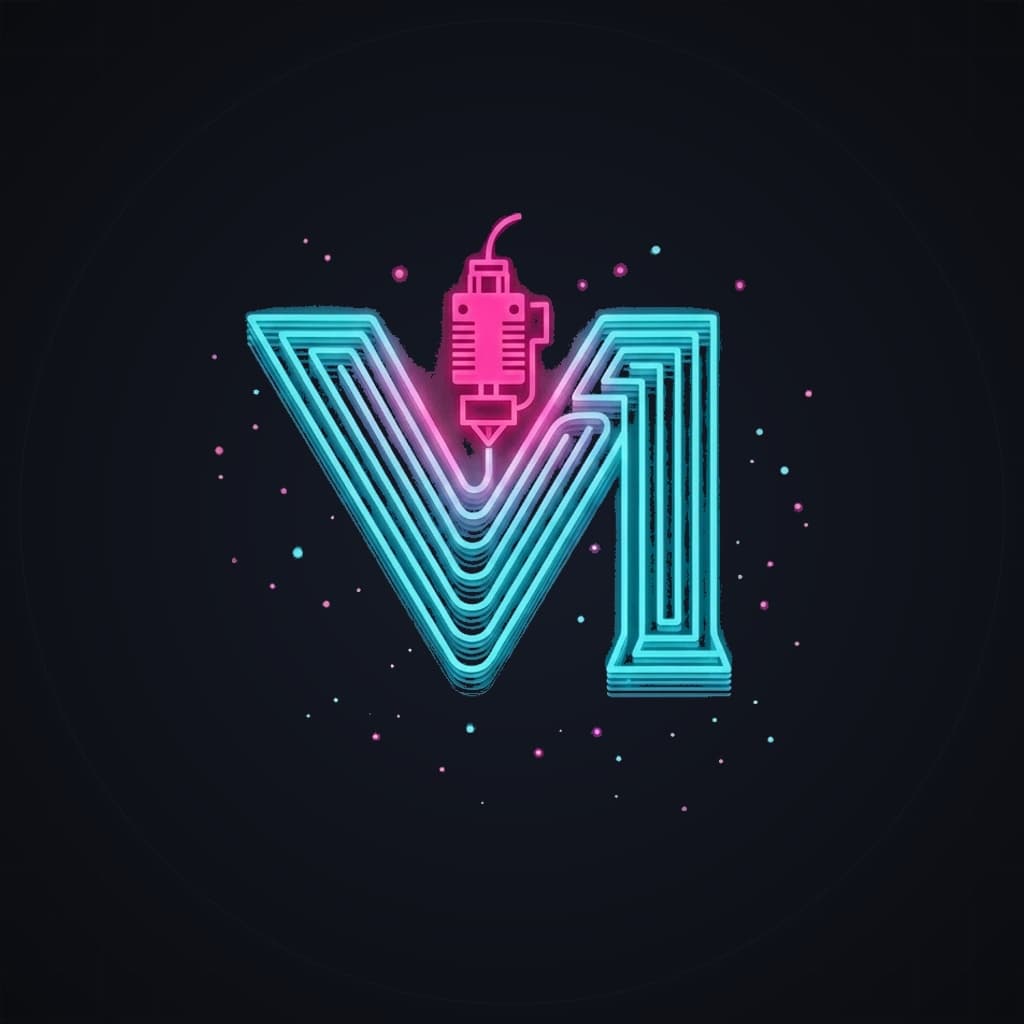V1 Made layer-built emblem and printer nozzle