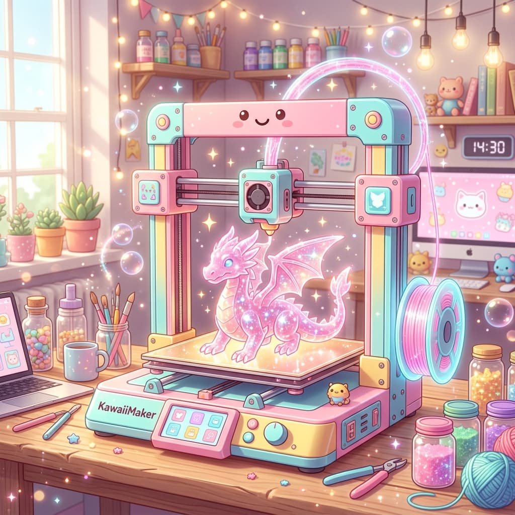 A kawaii pink-and-cyan 3D printer making a sparkling dragon in a cozy workshop